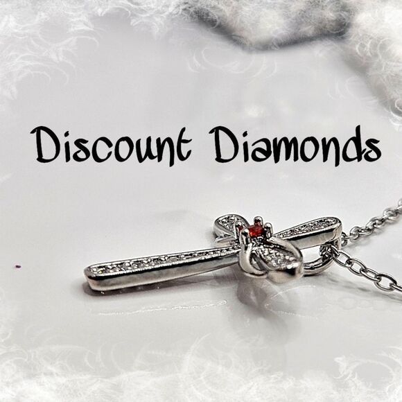 Clear White & Red Diamond Cross Pendant Necklace on 925 Silver - Picture 2 of 6